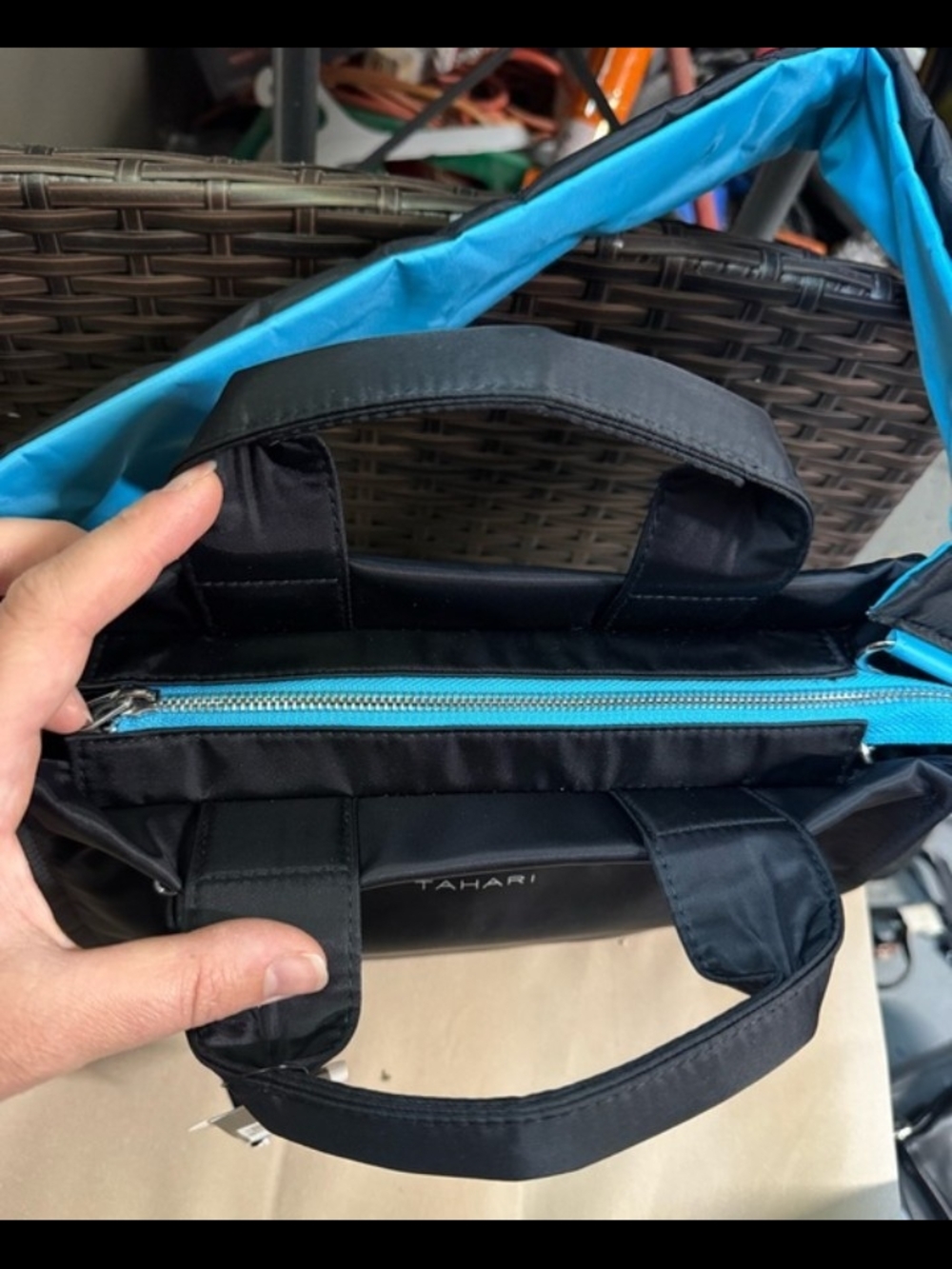 Tahari NEW $89 Tag Black Shoulder Bag with Bright Blue Strap & Zipper - Picture 3 of 5